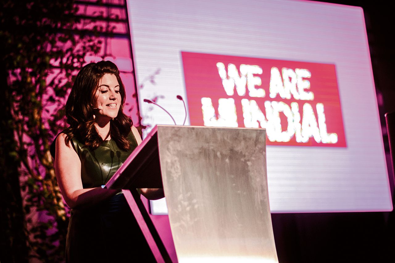 Monica Lewinsky tijdens haar toespraak op We Are Mundial, afgelopen dinsdag in Tilburg.