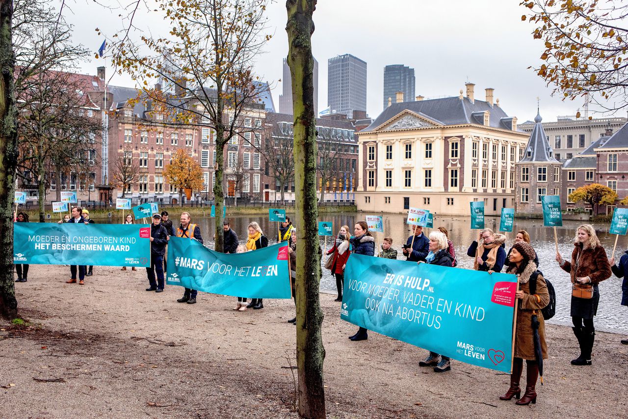 Een anti-abortus demonstratie bij de Haagse hofvijver.