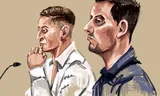 Rechtbanktekening van verdachten Stefan P. (rechts) en Jord van W.  in de rechtbank van Zwolle. 