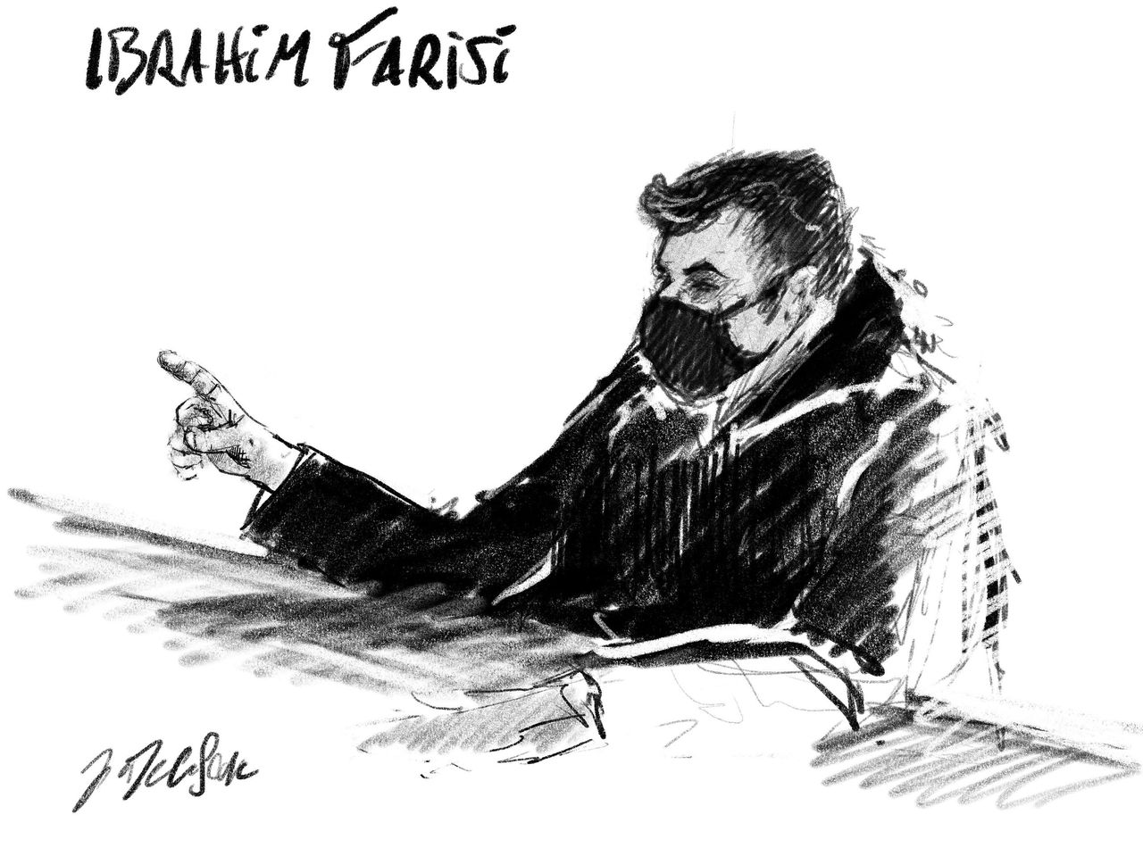 Rechtbanktekening van verdachte Ibrahim Farisi tijdens een zitting van het proces over de aanslagen van 22 maart 2016 in de Brusselse Hoofdstedelijk Rechtbank van Assisen.