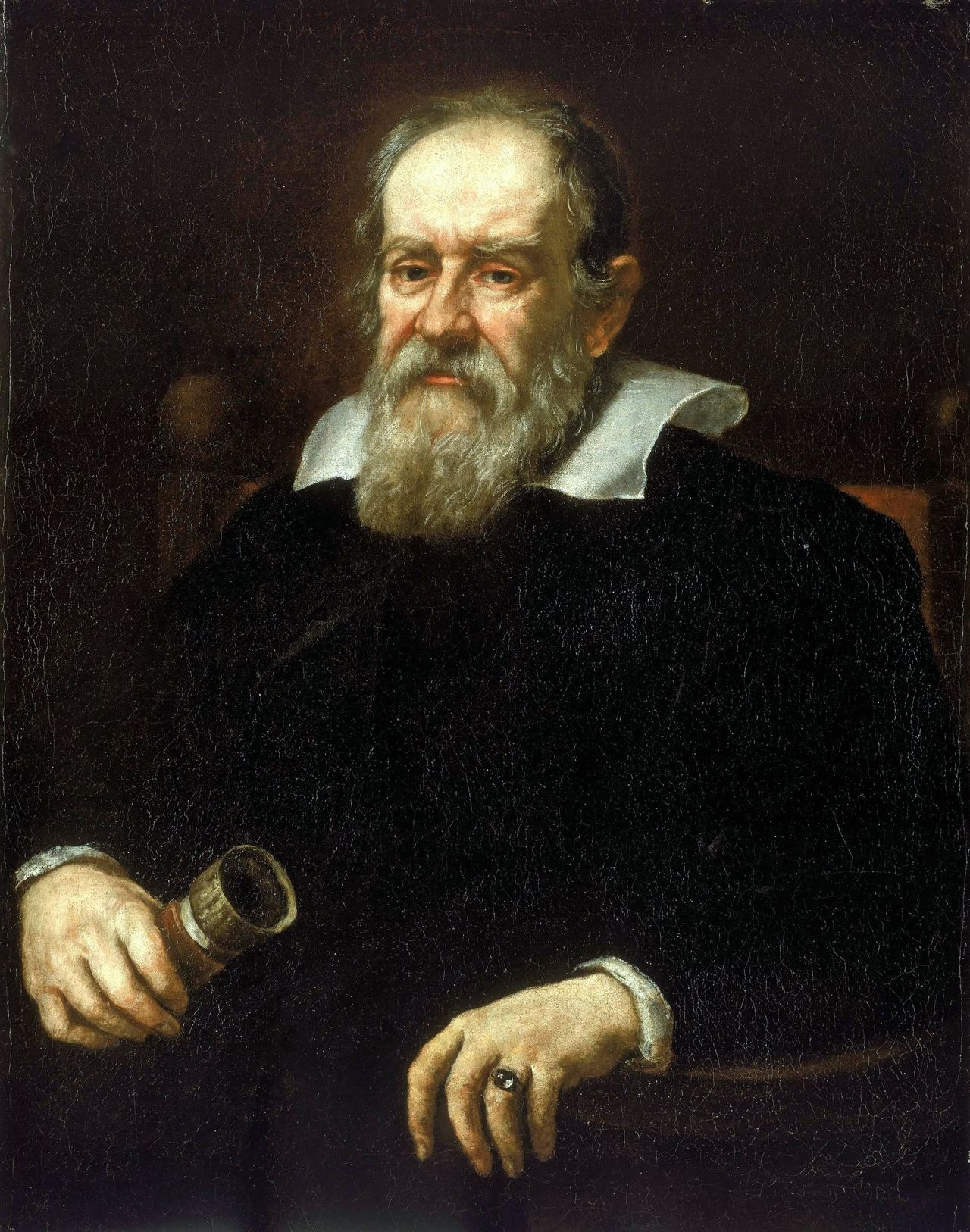 Galileo Galilei (1564-1642), Italiaanse wiskundige en filosoof, en pionier van de astronomie. Zijn waarnemingen steunden het idee dat de zon niet om de aarde draaide, zoals de Kerk stipuleerde, maar andersom. Schilderij van Justus Sistermans (ca 1640)