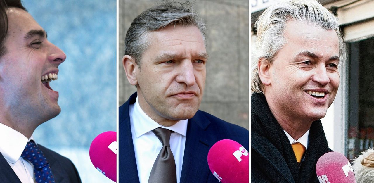 Politici en de roze plopkap van omroep PowNed: vanaf links Baudet (FVD), Buma (CDA) en Wilders (PVV).