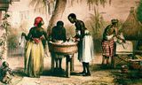 Wasvrouwen uit Suriname, getekend door Pierre Benoit, circa 1830. Uit het boek De Doorsons van Roline Redmond