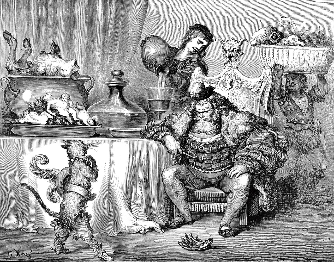 De gelaarsde kat bij de koning, die weldadig eet. Het sprookje is bekend geworden in de versie van de Fransman Charles Perrault. De tekening is van Gustave Doré.