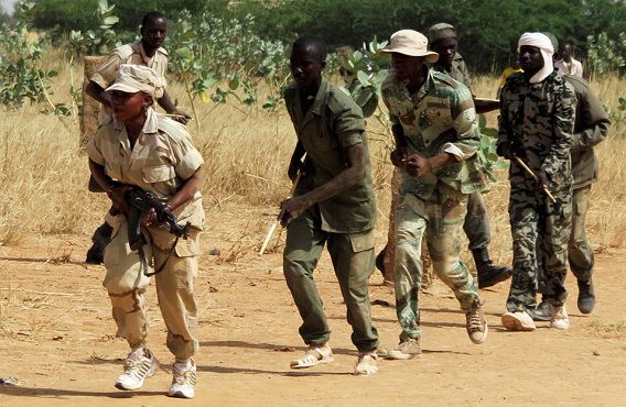 Leden van een pro-regering militie nemen deel aan een training in Mali. In de chaos na de militaire coup in maart hebben aan Al-Qaeda gelieerde rebellengroepen tweederde van Mali veroverd.