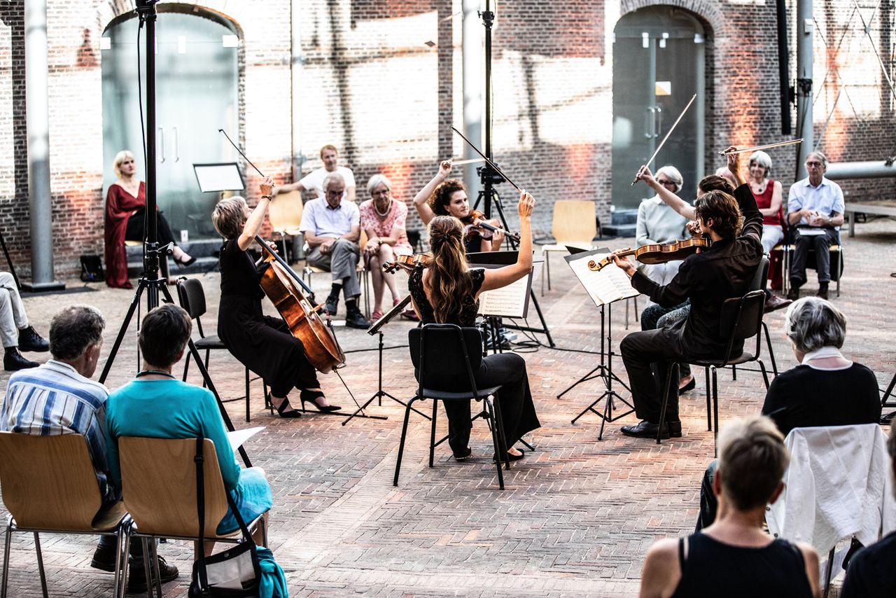 Het ensemble samengesteld door artistiek leider en violiste Liza Ferschtman voor het Delft Chamber Music Festival. Foto Melle Meivogel