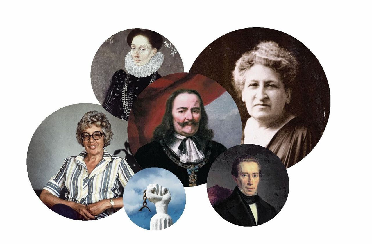 Van links naar rechts: Annie M.G. Schmidt, Charlotte Bourbon, het slavernijmonument op Curaçao, Michiel de Ruyter, Aletta Jacobs, Johan Thorbecke