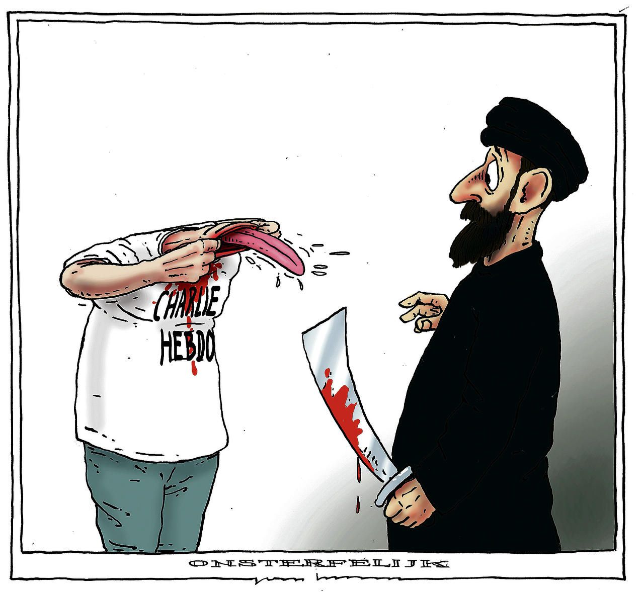 1: Onsterfelijk; Charlie Hebdo, nooit opzij. Joep Bertrams. Gepubliceerd in diverse kranten in januari.