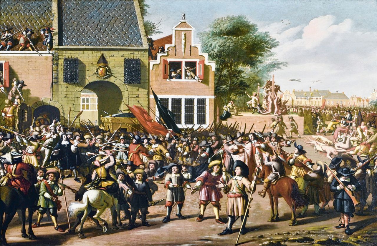 Als in een stripverhaal brengt de 17de-eeuwse schilder Pieter Frits het einde van raadspensionaris Johan de Witt en zijn broer Cornelis in beeld. De moord werd gepleegd door orangisten, aanhangers van prins Willem (III) van Oranje, in het rampjaar 1672.