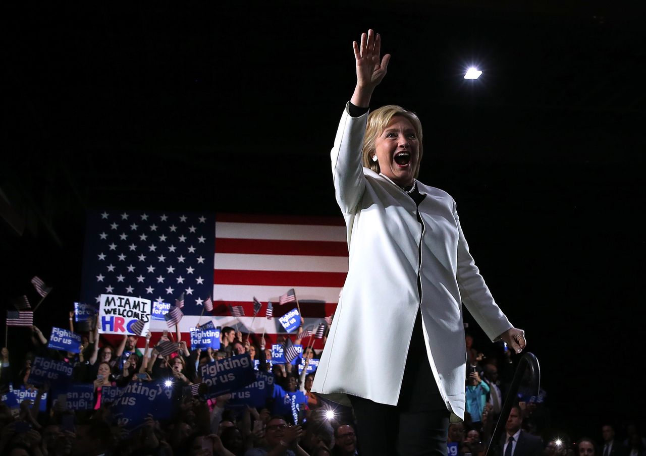 Hillary Clinton tijdens haar bijeenkomst op Super Tuesday in Miami, Florida.