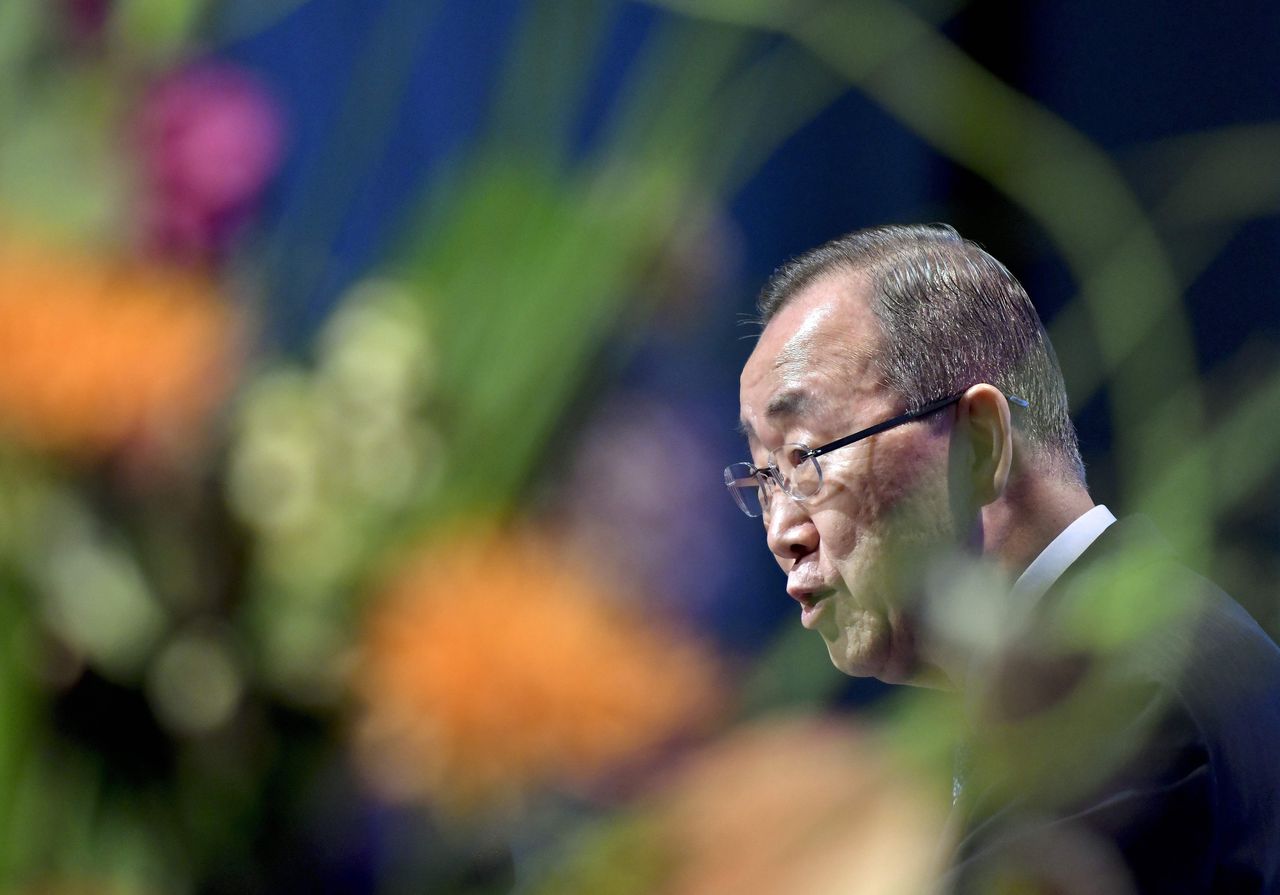 Ban Ki-moon geeft een toespraak op het European Forum Alpbach in Oostenrijk op 25 augustus.