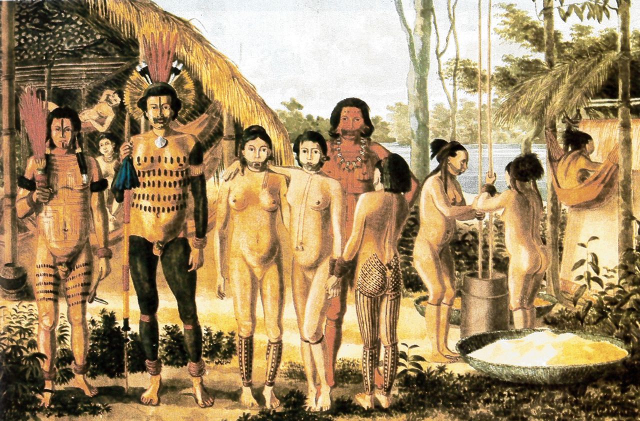Schilderij uit 1827 van Apiaká-indianen in de Braziliaanse deelstaat Mato Grosso, door Hércules Florence.