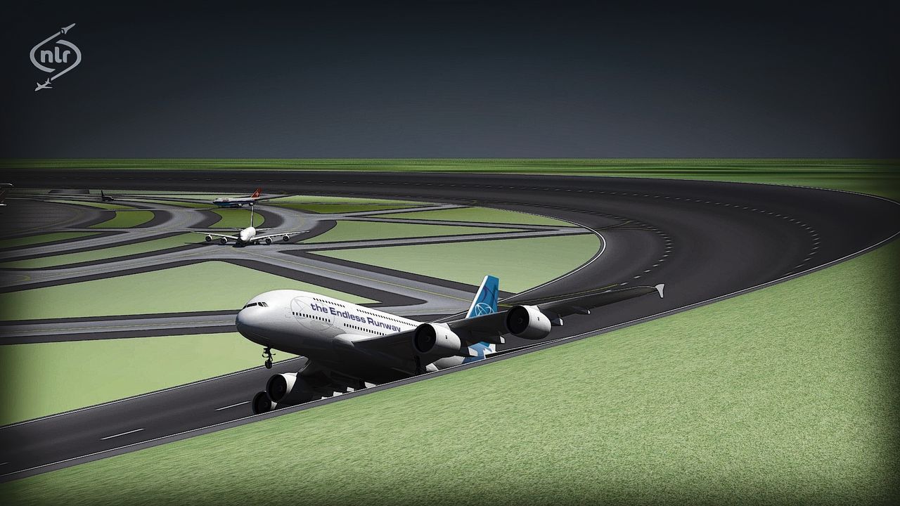 Impressie van de ronde landingsbaan, met helling, zoals bedacht door Henk Hesselink. „Ik wilde een baan waarop altijd plekken zijn zonder zijwind.”