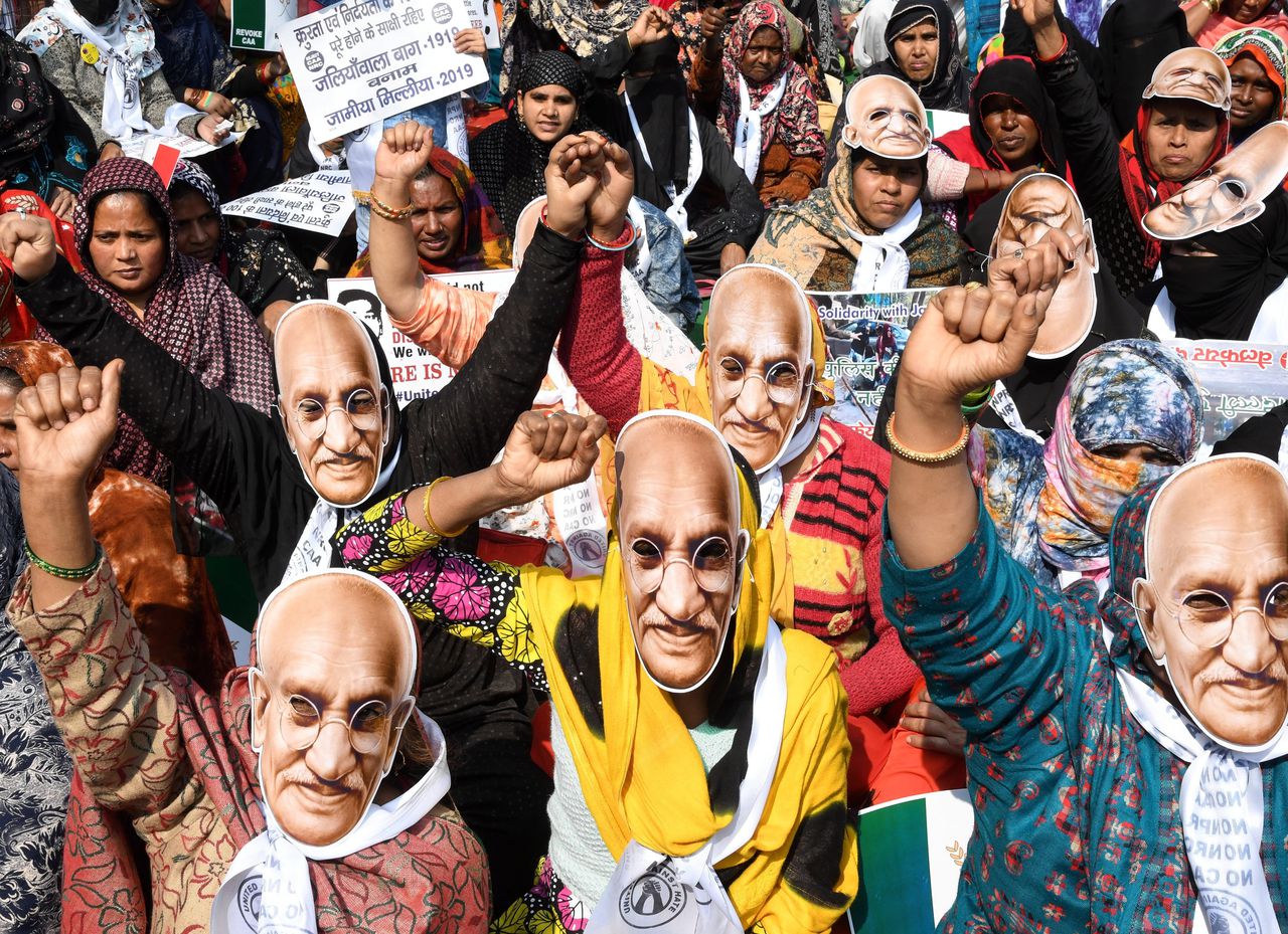 Indiase betogers in New Delhi demonstreren tegen de burgerschapswetten van de regering-Modi, 10 februari 2020.