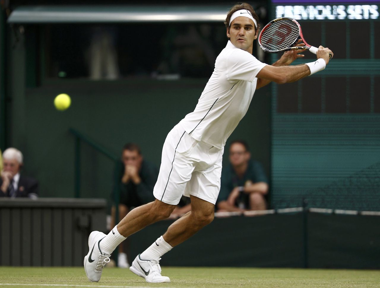 Roger Federer tijdens zijn partij tegen Adrian Mannarino.