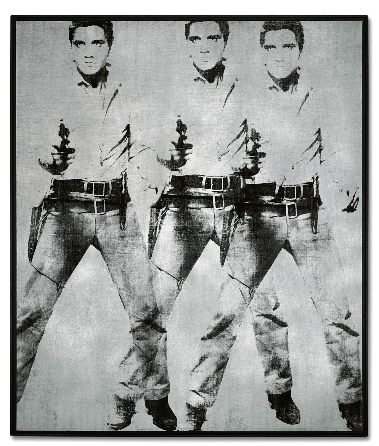 Andy Warhol,Triple Elvis [Ferus Type] (1963, zeefdruk, inkt, zilververf op doek, 208,3x175,3 cm)