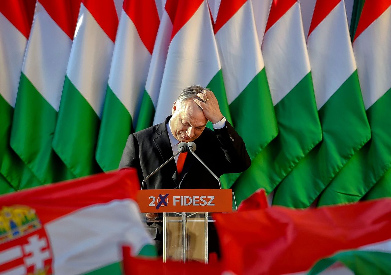De Hongaarse premier Viktor Orbán, op deze foto tijdens een toespraak van zijn partij Fidesz in april vorig jaar.