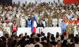 President Emmanuel Macron tijdens zijn toespraak op de militaire basis van Varces. 