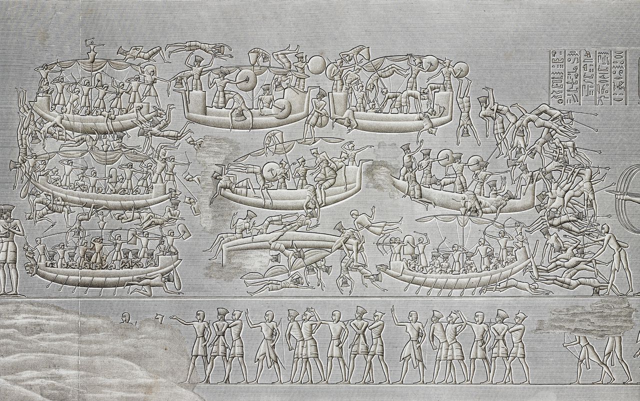 Soldaten van farao Ramses III richten een slachting aan onder de Zeevolken die de Egyptische delta zijn binnengevaren. Grafmonument te Medinet Haboe.