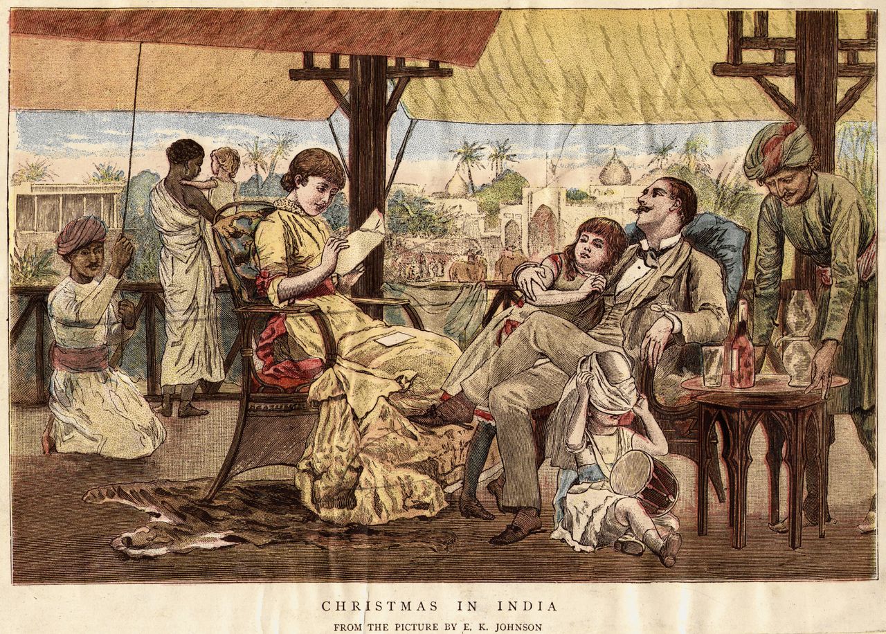 Een Britse familie viert Kerst in India, ca. 1900.