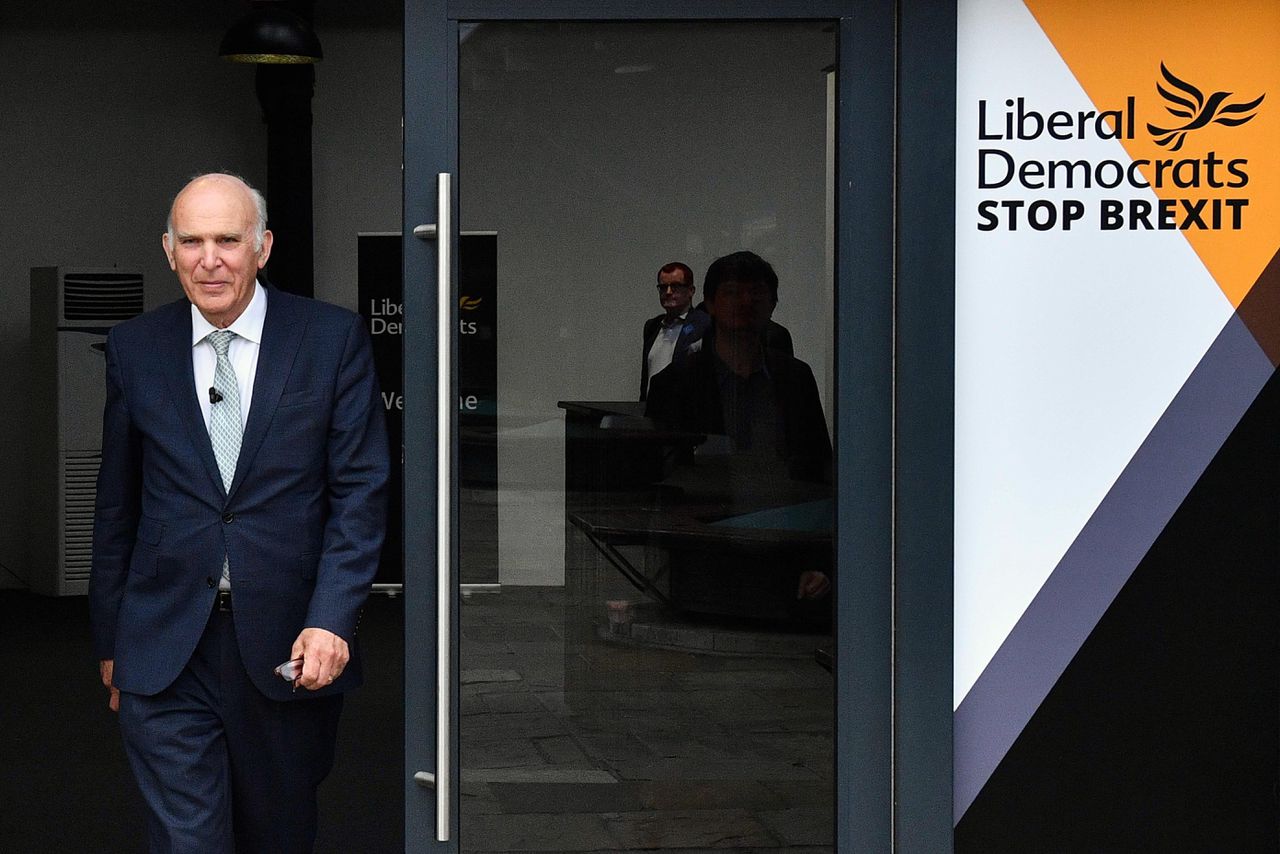 Vince Cable, de partijleider van de Liberal Democrats die de lokale verkiezingen hebben gewonnen.