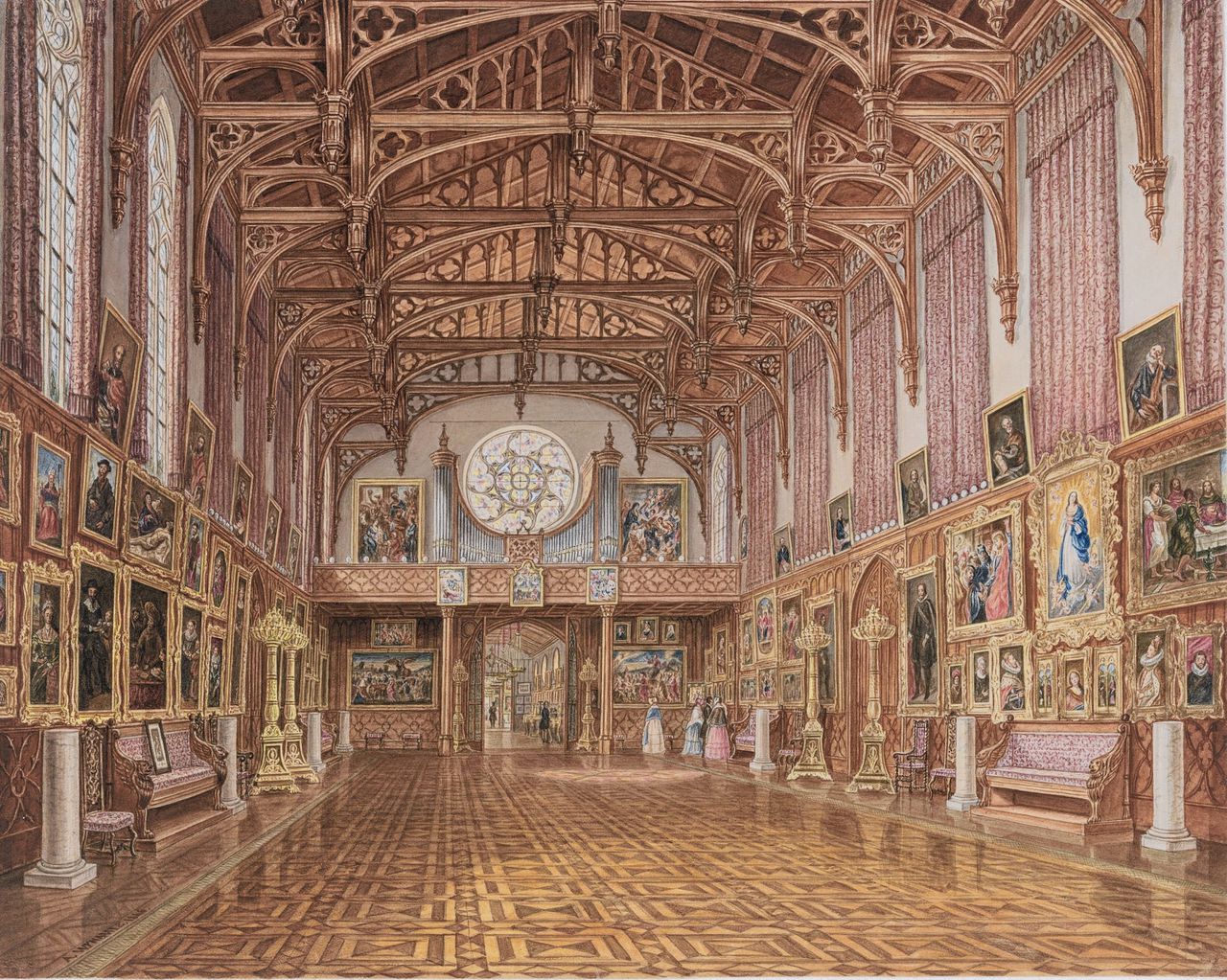 Gotische Zaal van Paleis Kneuterdijk, door Willem II gebouwd voor zijn kunstcollectie, op een aquarel uit 1846 van Augustus Wijnannz.