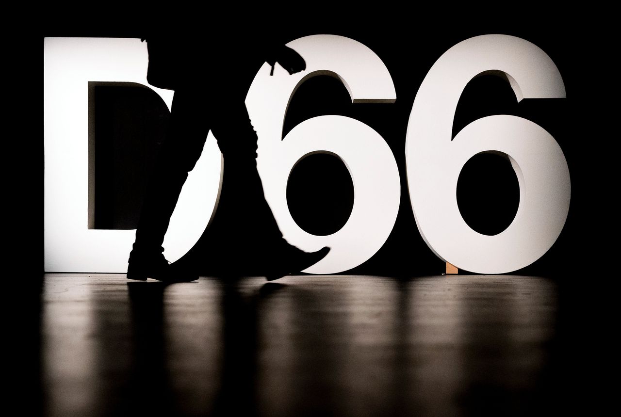 Logo van D66 tijdens het partijcongres.
