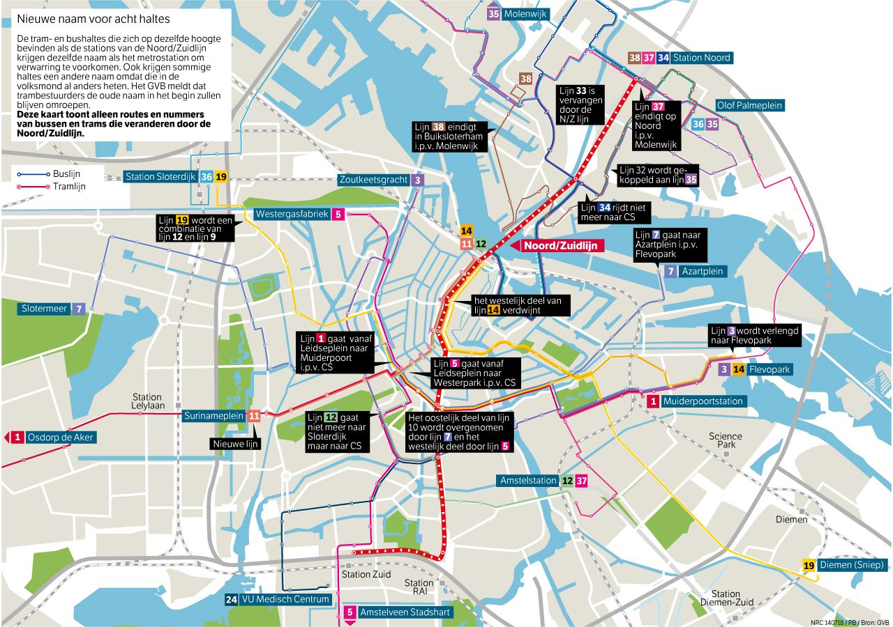 Deze kaart toont alleen routes en nummers van bussen en trams die veranderen door de Noord/Zuidlijn.