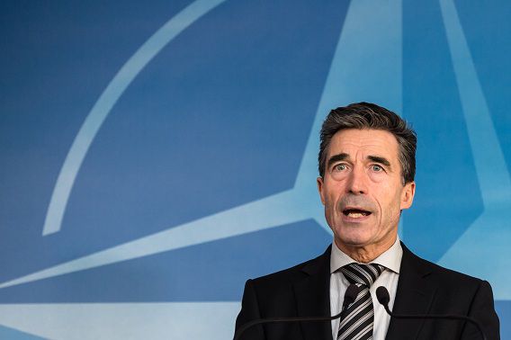 Anders Fogh Rasmussen, gisteren, bij een persconferentie van de NAVO in Brussel.