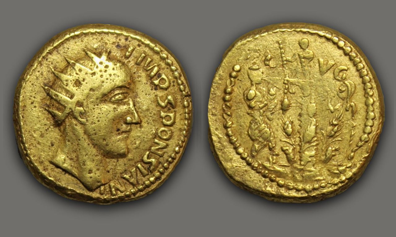 Een gouden munt met daarop het profiel van keizer Sponsianus.
