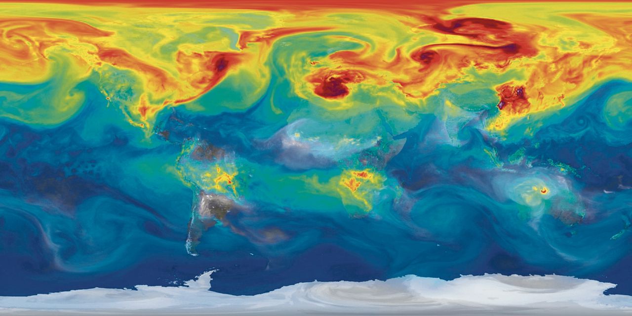 Een simulatie van CO2 in de atmosfeer. Op het noordelijk halfrond, waar de meeste mensen wonen, is de concentratie van dit broeikasgas veel groter dan op het zuidelijk halfrond. Dit beeld komt uit een simulatie die de Amerikaanse ruimtevaartorganisatie NASA in 2014 uitvoerde, om inzicht te krijgen in het pad dat CO2 aflegt.