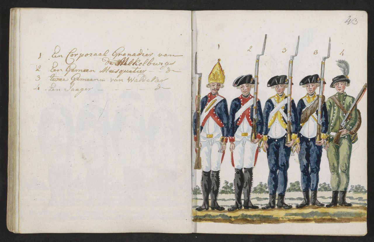 Grenadier en musketier van de Mecklenburgse troepen en twee musketiers en een jager van het Regiment van Waldeck, 1788.