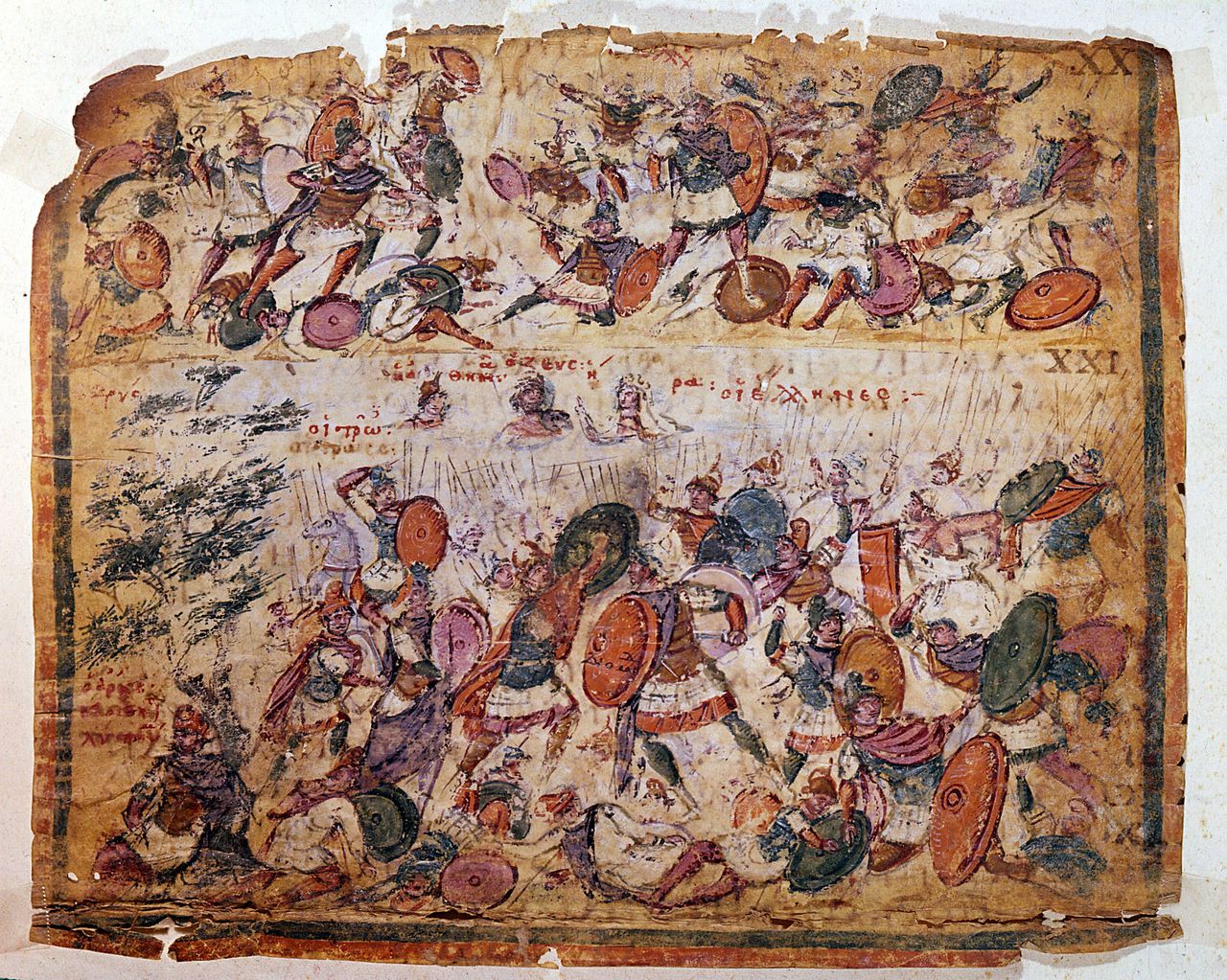 Battle scene from a manuscript of Homer "Iliad" c300 AD Biblioteca Ambrosiana Milan.