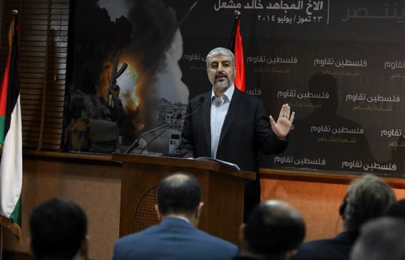 Hamasleider Khaled Mashaal tijdens een persconferentie over de Gazacrisis vandaag in Doha, de hoofdstad van Qatar. Foto: AFP / Karim Jaafar