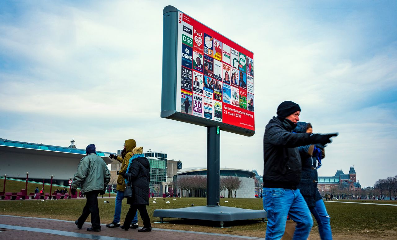 Een verkiezingsbord op het Museumplein met daarop affiches van de deelnemende partijen aan de gemeenteraadsverkiezingen.