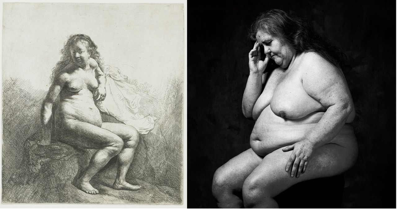 Links: Naakte vrouw, gezeten op een verhoging, Rembrandt van Rijn, 1629 - 1633. Rechts: La Penseuse, Erwin Olaf, 1987.