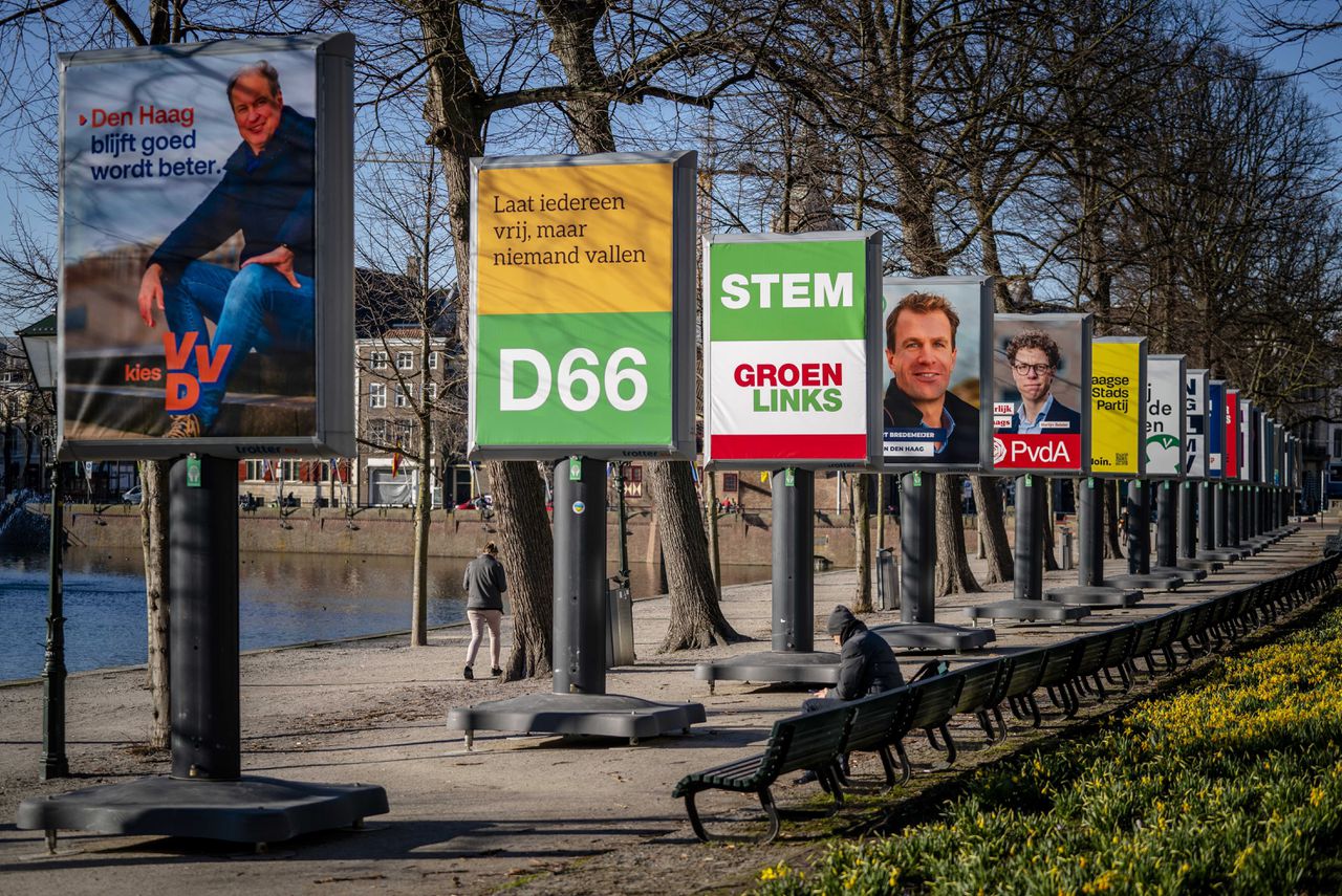 Borden met verkiezingsposters langs de Hofvijver in Den Haag.