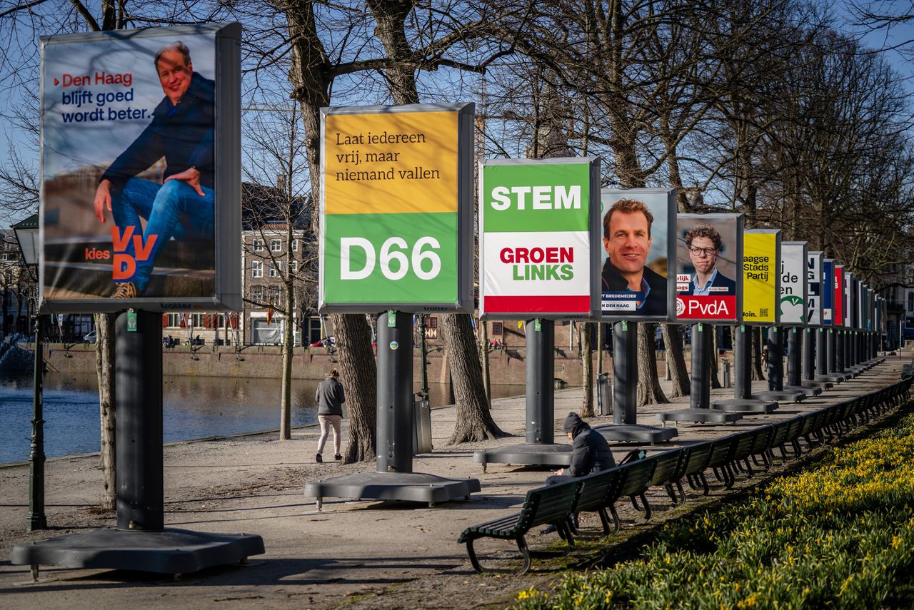Borden met verkiezingsposters voor de gemeenteraadsverkiezingen in 2022, langs de Hofvijver in Den Haag.