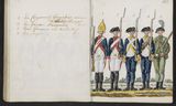 Grenadier en musketier van de Mecklenburgse troepen en twee musketiers en een jager van het Regiment van Waldeck, 1788.  