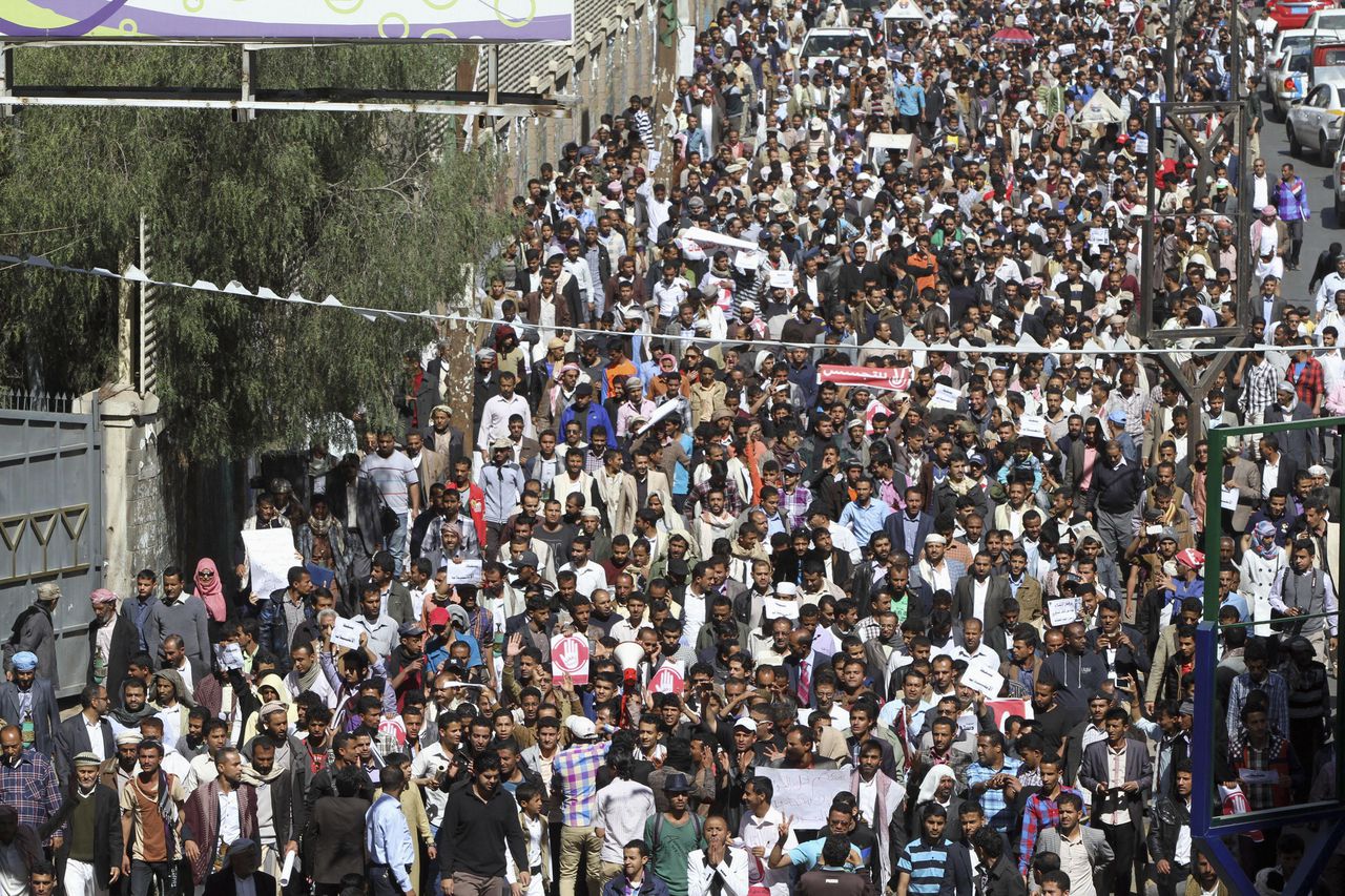 Duizenden Jemenieten betoogden vandaag in Sana'a tegen de Houthi's.