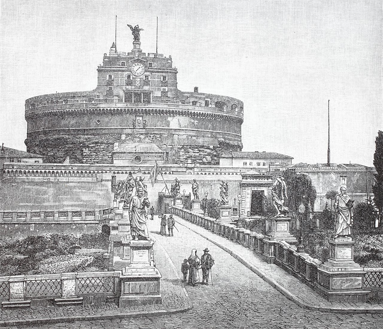 Het mausoleum van keizer Hadrianus in Rome, ook wel het Castel Sant’Angelo, op een ets uit 1885.