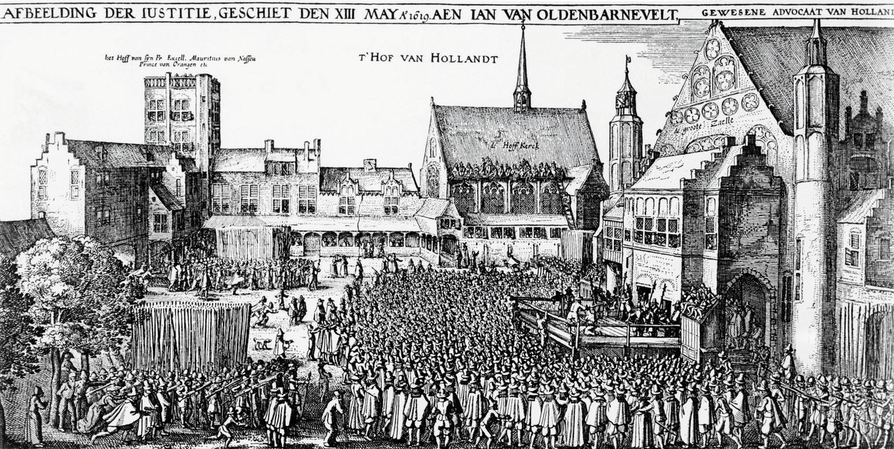 Kopergravure van de executie van Johan van Oldenbarnevelt in Den Haag op 13 mei 1619