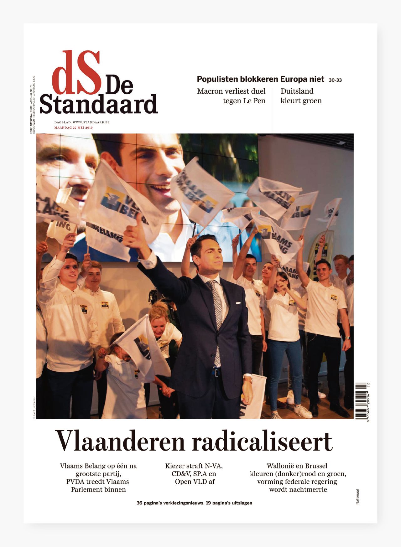 Voorpagina van de Belgische krant De Standaard op maandag.