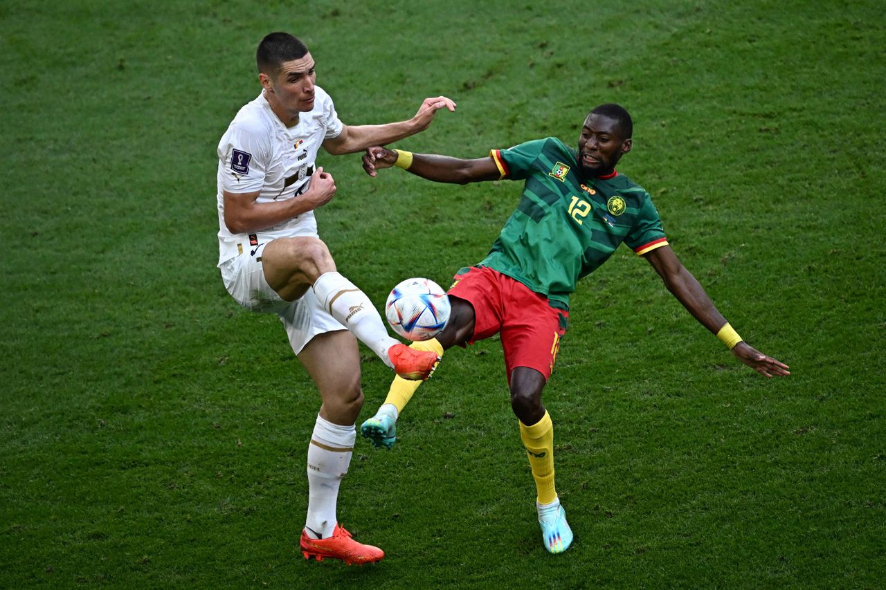 Servië-verdediger Nikola Milenkovic (links) strijdt met Kameroen-aanvaller Karl Toko Ekambi om de bal.