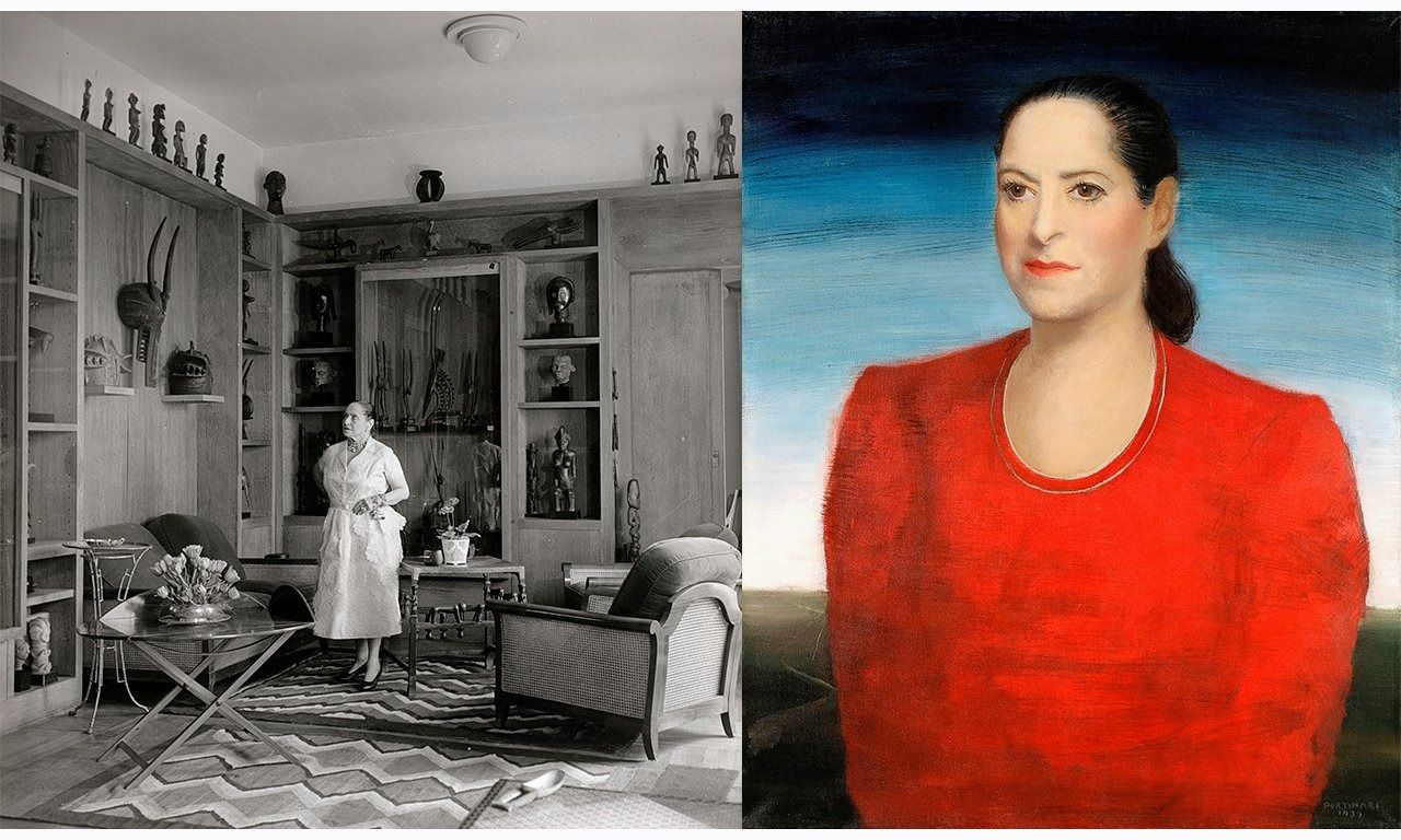 Links: Helena Rubinstein met objecten uit haar collectie tribale kunst. Rechts: Portret van Rubinstein door Candido Portinari (1939).