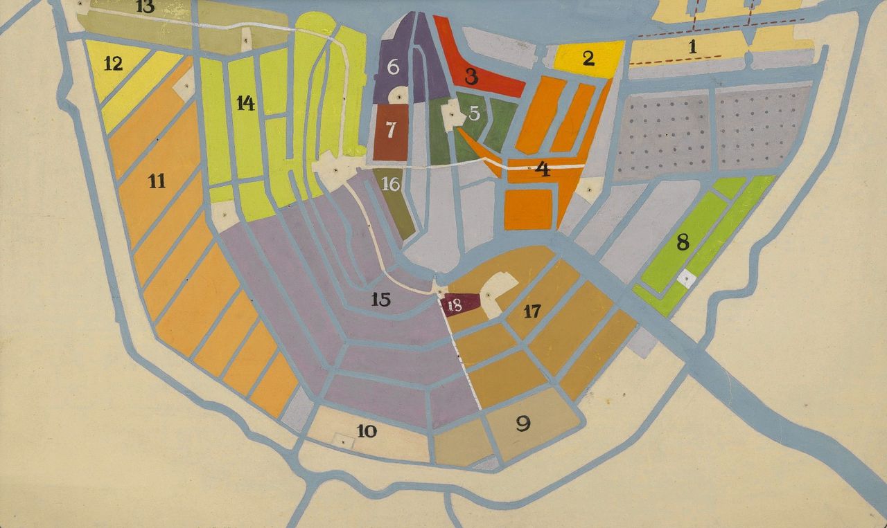 Detail uit kaart van 19de-eeuws Amsterdam met 18 buurtdialecten.
