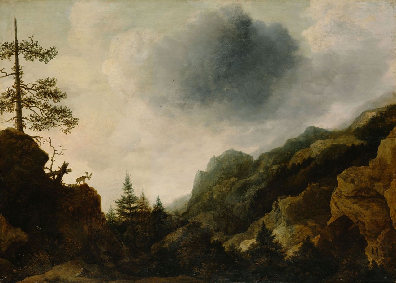 Allart van Everdingen, Berglandschap met damhert (olieverf op paneel, 64,3 x 89 cm)