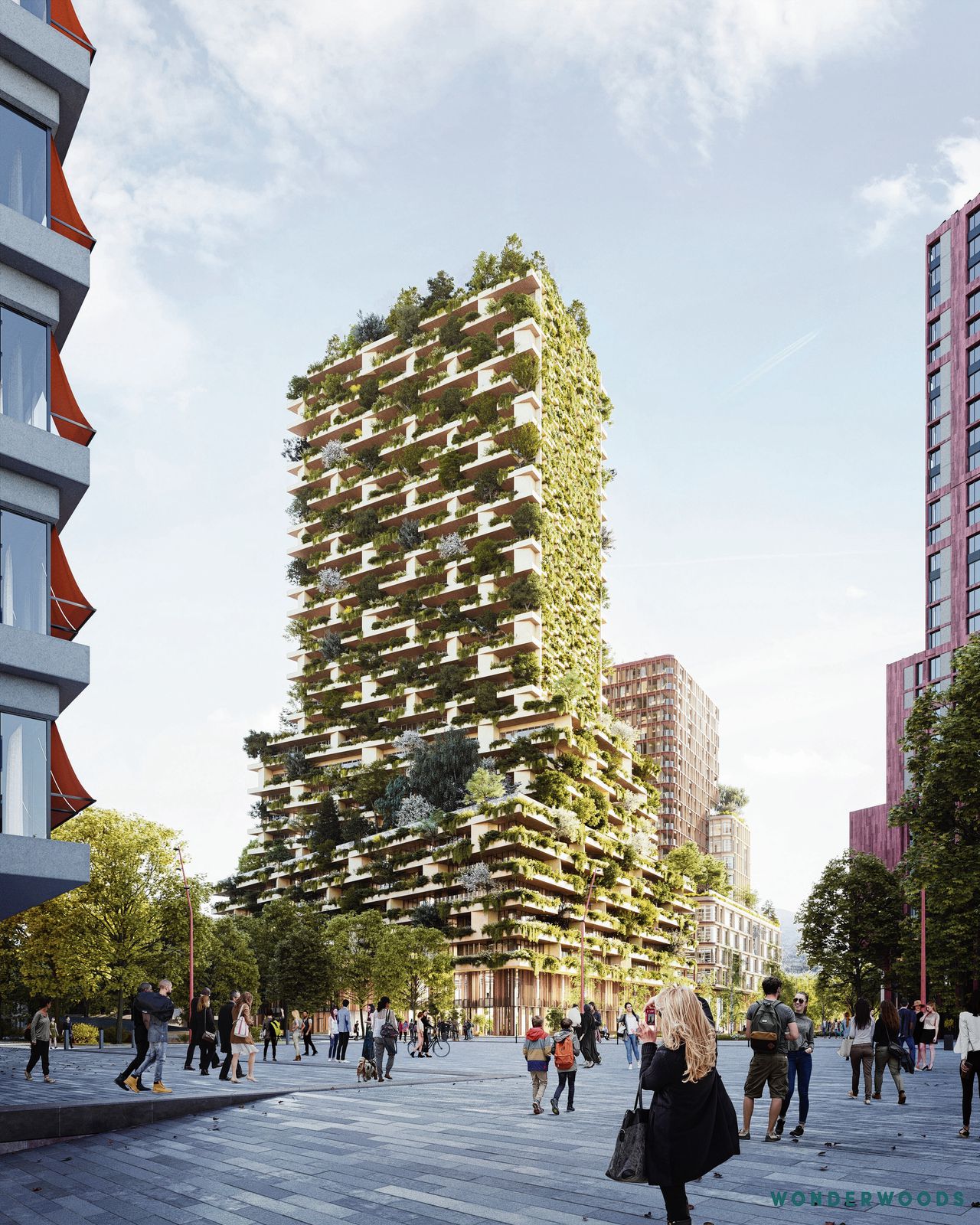 Ontwerp van Wonderwoods, de groene woontorens die dit jaar in Utrecht zullen worden gebouwd.