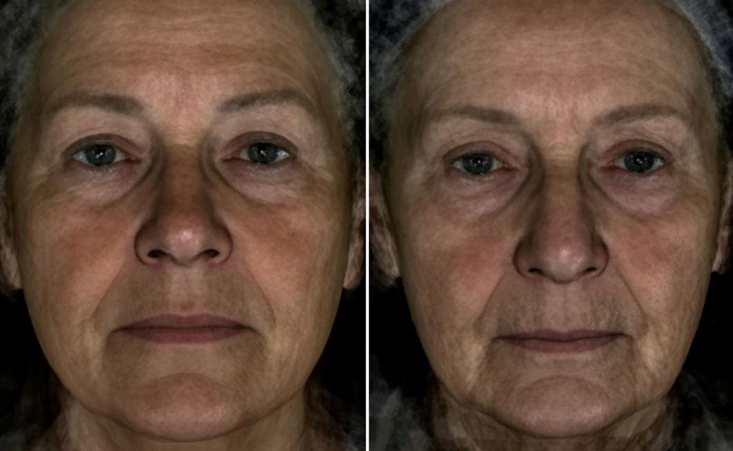 Dit is het gemiddelde gezicht van vrouwen (gemiddeld 69 jaar oud) die jonger (links) of ouder (rechts) dan hun echte leeftijd werden geschat.