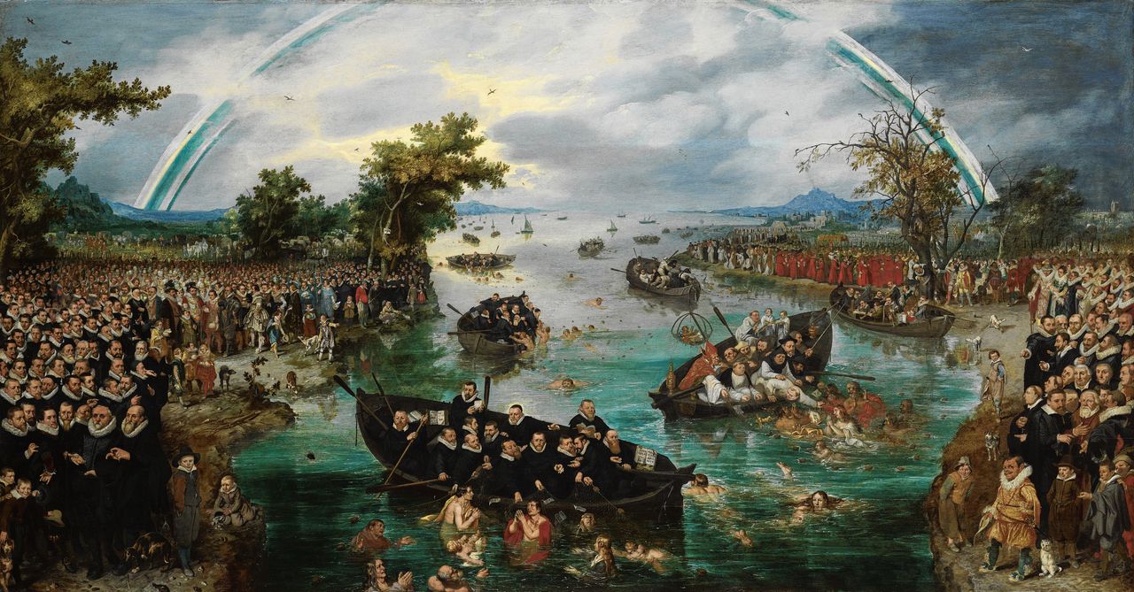 ‘De zielenvisserij’ (1614), allegorisch schilderij door Adriaen van de Venne, met links de Republiek en rechts de Zuidelijke Nederlanden.